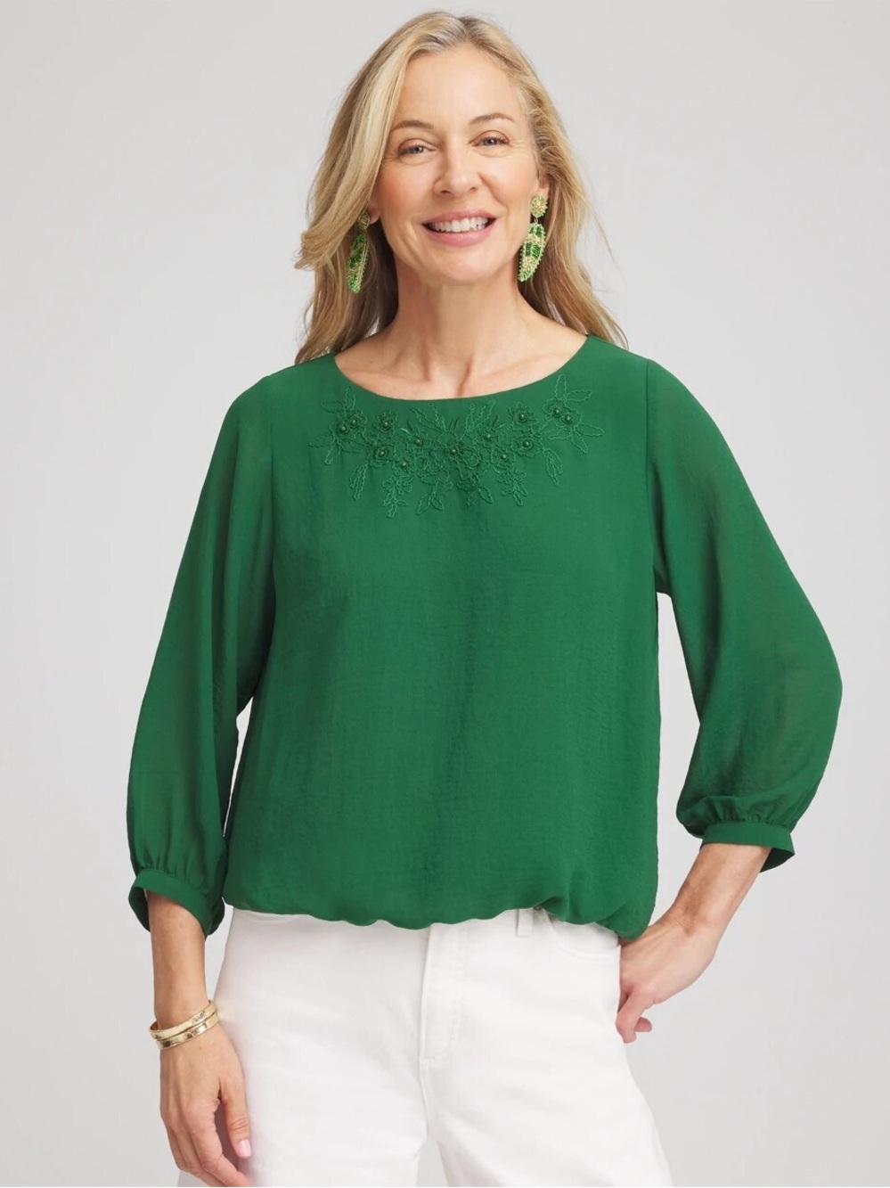 Chico's Embroidered Crinkle Chiffon Blouse in Green Size 1 (Medium 8)